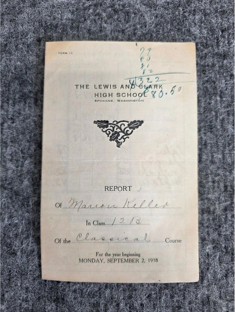 1918 Lewis and Clark High School Spokane WA Vintage Report Card Ephemera